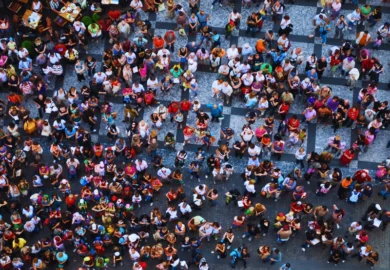 Aerial photograph of people on the street. Overcrowding at Chicago Events