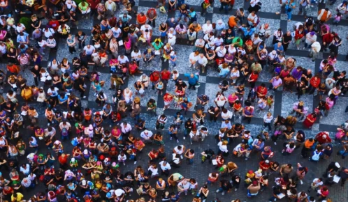 Aerial photograph of people on the street. Overcrowding at Chicago Events
