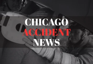 Emergency responders place a neck brace on a person inside a vehicle, with the text “Chicago Accident News” overlaid.