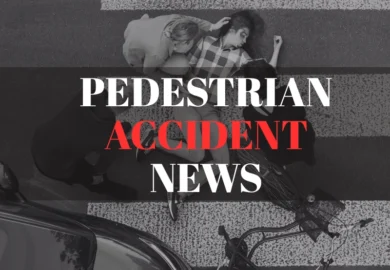Injured woman lies on a crosswalk beside a bicycle while others assist her, with the text “Pedestrian Accident News” overlaid.