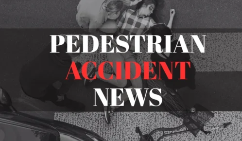 Injured woman lies on a crosswalk beside a bicycle while others assist her, with the text “Pedestrian Accident News” overlaid.