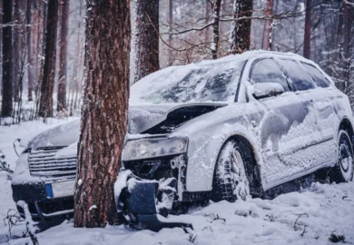 A white car that has crashed head-on into a tree in a snowy forest.