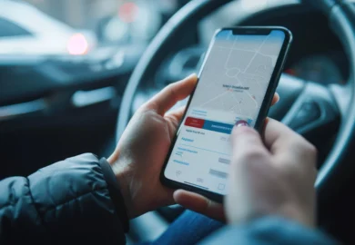 Driver using rideshare application on his phone.