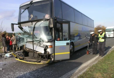 Wrecked bus after an accident.