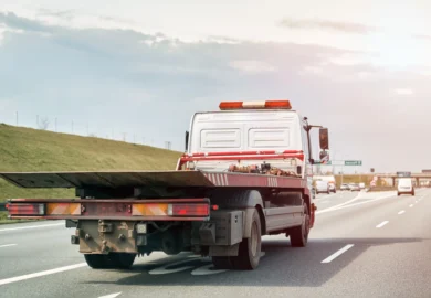Empty flatbed tow carrier truck empty car carrier and flatbed tow truck vehicle travelling on a national road.