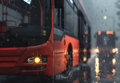 Orange bus on a rainy day.