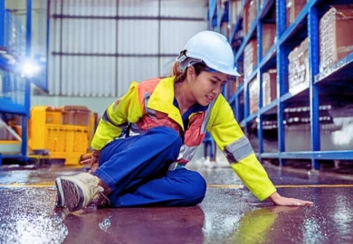 a factory worker who has slipped and fallen on a wet floor inside a warehouse or industrial setting. Coming and going rule