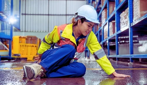 a factory worker who has slipped and fallen on a wet floor inside a warehouse or industrial setting. Coming and going rule