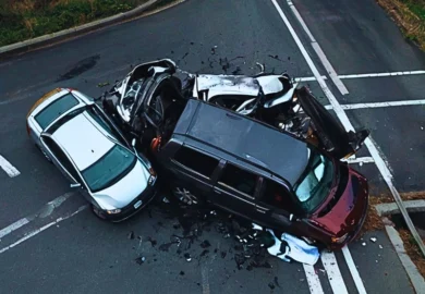 a severe car crash at an intersection involving two vehicles.