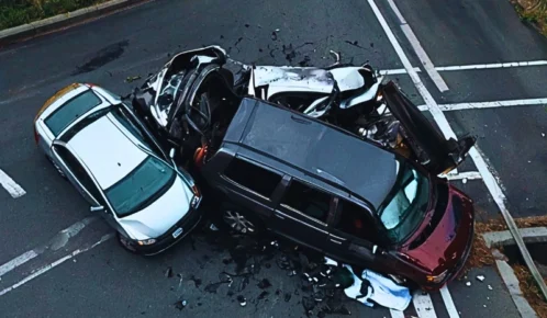 a severe car crash at an intersection involving two vehicles.