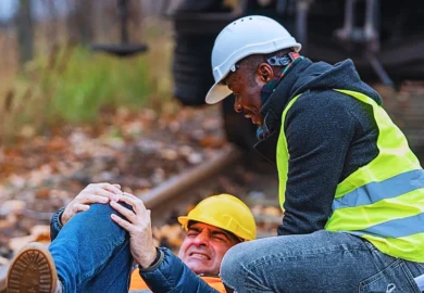 a workplace accident scene on a railroad track where a worker wearing a white helmet and high-visibility vest is kneeling beside an injured colleague lying on the ground. Third-Party Claims