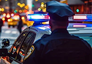 a police officer standing next to a patrol car with its emergency lights flashing on a city street at night.