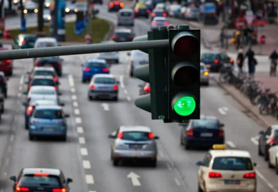 Traffic light in the middle of the road.