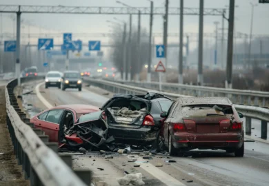 Multiple vehicle collision in the middle of the road.