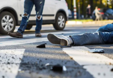Man lying on the ground after a pedestrian accident.