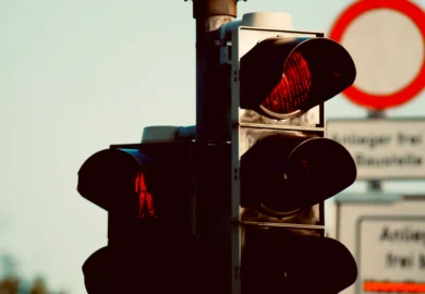 Traffic light in the middle of the road.