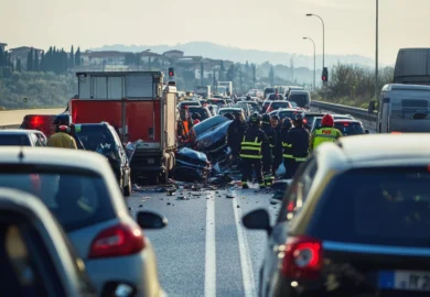 Emergency responders handling major highway car accident traffic.