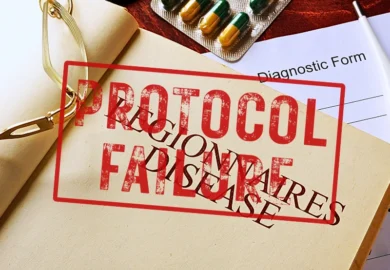Medical documents with a "PROTOCOL FAILURE" red stamp.