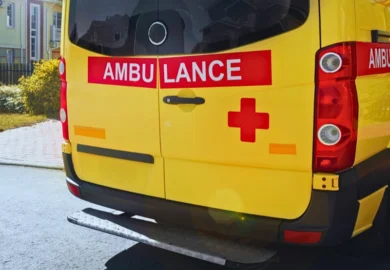 Ambulance parked at the hospital.