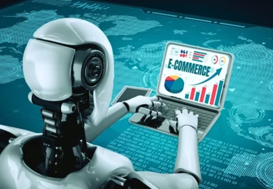 Robot using laptop to analyze e-commerce data and charts.