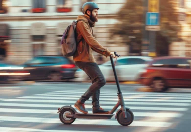 A man riding his e-scooter in the middle of the road.