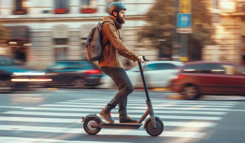 A man riding his e-scooter in the middle of the road.