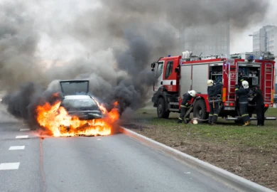 Fiery car after a car accident.