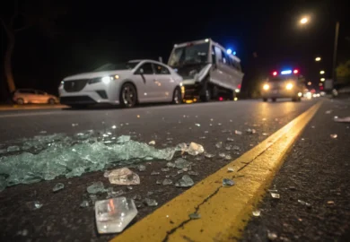 Broken glass on a road near police and vehicles.