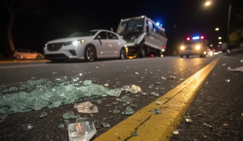 Broken glass on a road near police and vehicles.