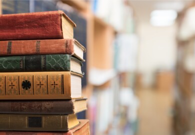 A stack of books in a Chicago library.