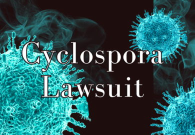 Blue bacteria with "Cyclospora lawsuit" title