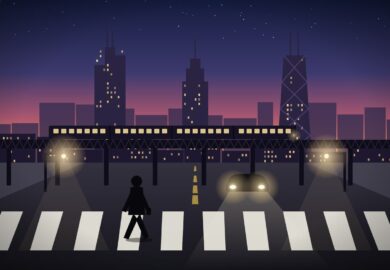 Illustration of a pedestrian crossing a Chicago street at dusk under the elevated L tracks, with an approaching car and the city skyline behind.