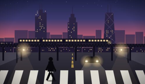 Illustration of a pedestrian crossing a Chicago street at dusk under the elevated L tracks, with an approaching car and the city skyline behind.